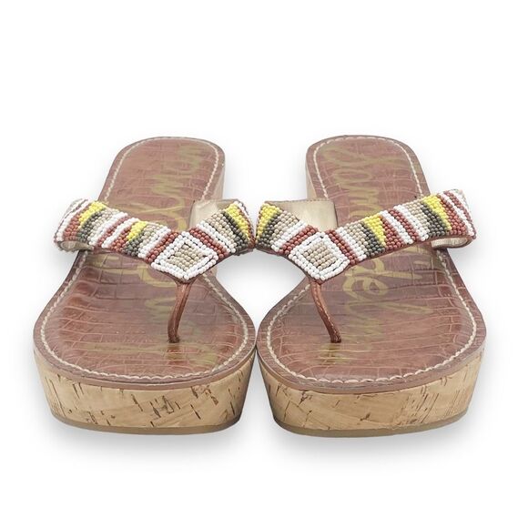 Sam Edelman Rosa Nude Ginger Beaded Thong Cork Wedge Sandal Flip Flop Size 8.5 - Picture 9 of 16